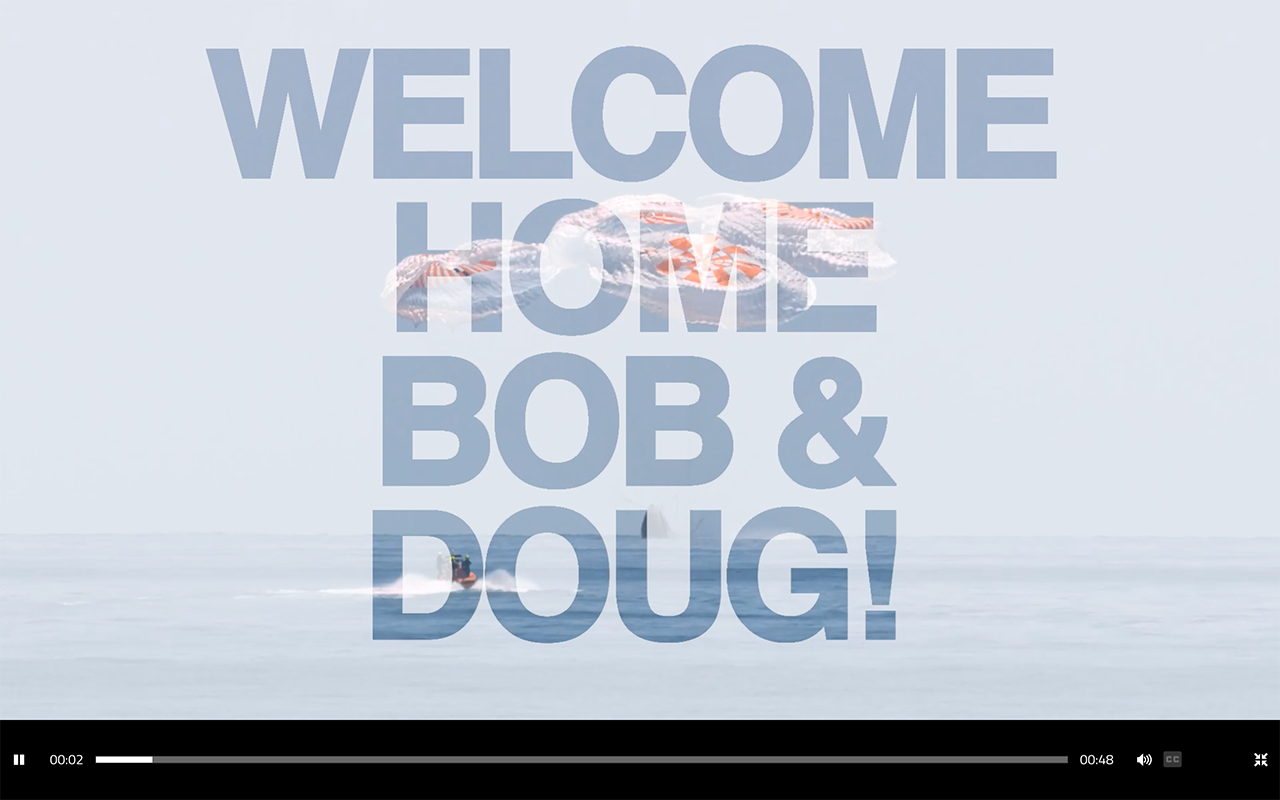 A screenshot of NASA's Welcome Home video for the crew of SpaceX