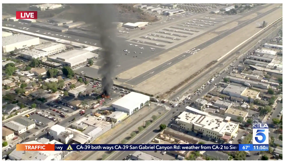 A screencapture of news coverage of a plane crash short of Whiteman Airport.