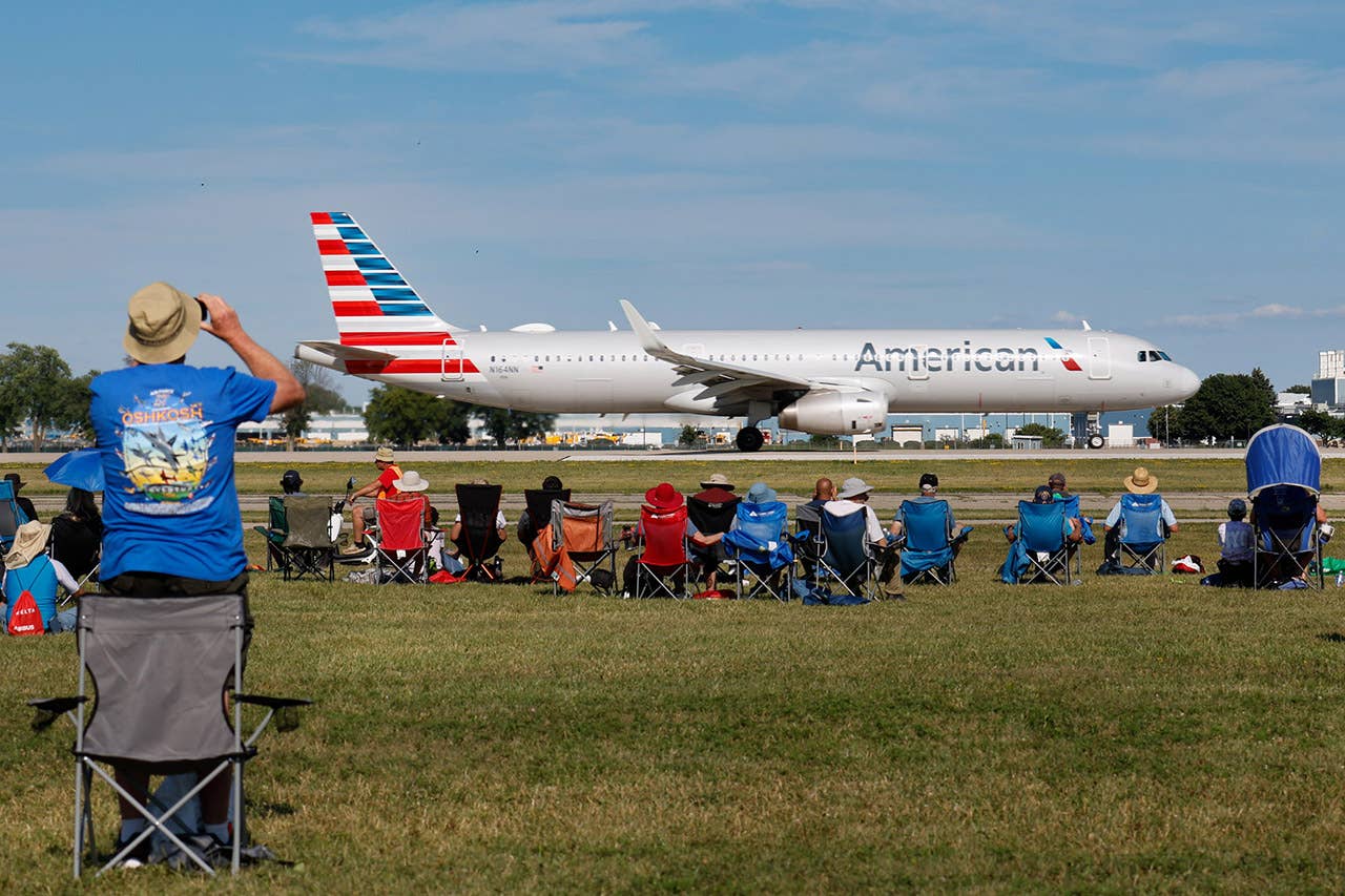 American Airlines Airbus 321 taxis out for takeoff during the air show Tuesday.